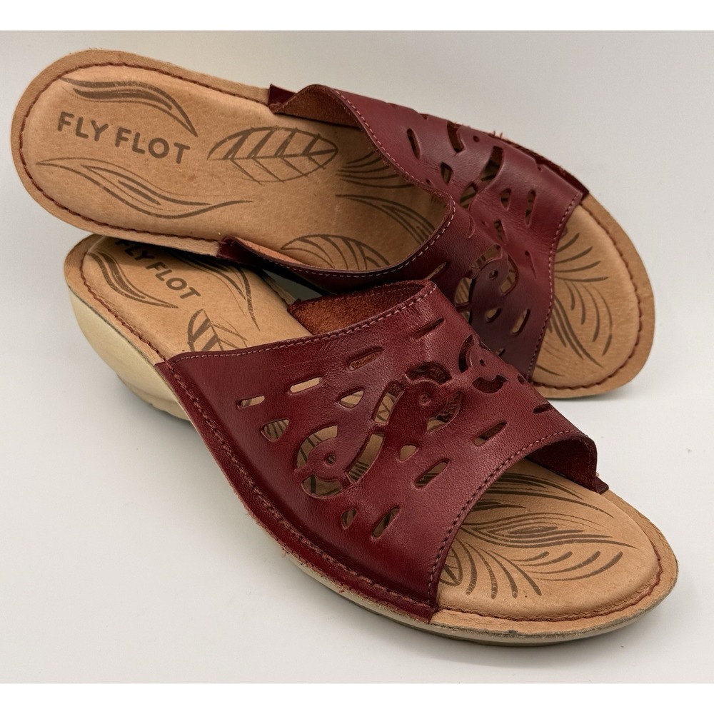 Fly Flot  Red Laser Cut Leather Slip On Wedge Sandal Wmn's Sz EU 40 US‎ 9